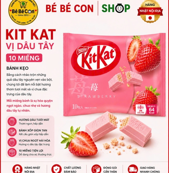 🍓 KitKat Dâu Tây 10 Miếng – Thơm Ngọt Ngào, Rực Rỡ Sắc Màu
