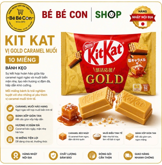 ⚡ KitKat Gold Caramel Muối 10 Miếng – Giòn Rụm Thơm Ngon
