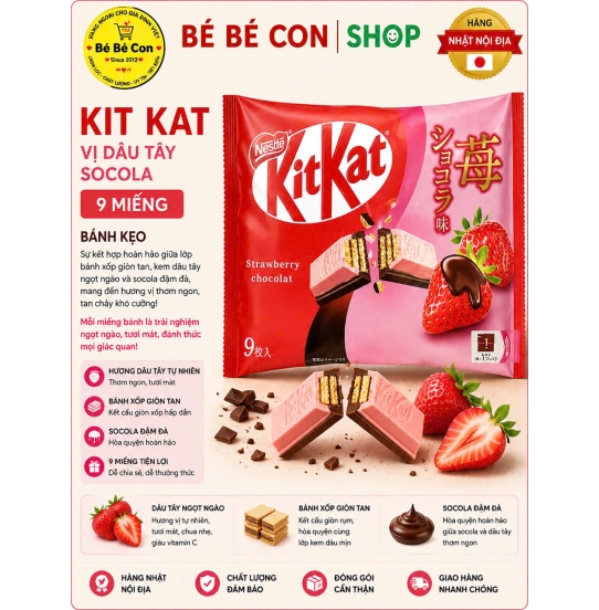 🍓 KitKat Dâu Tây Socola – Thơm Ngọt Ngào, Rực Rỡ Sắc Màu